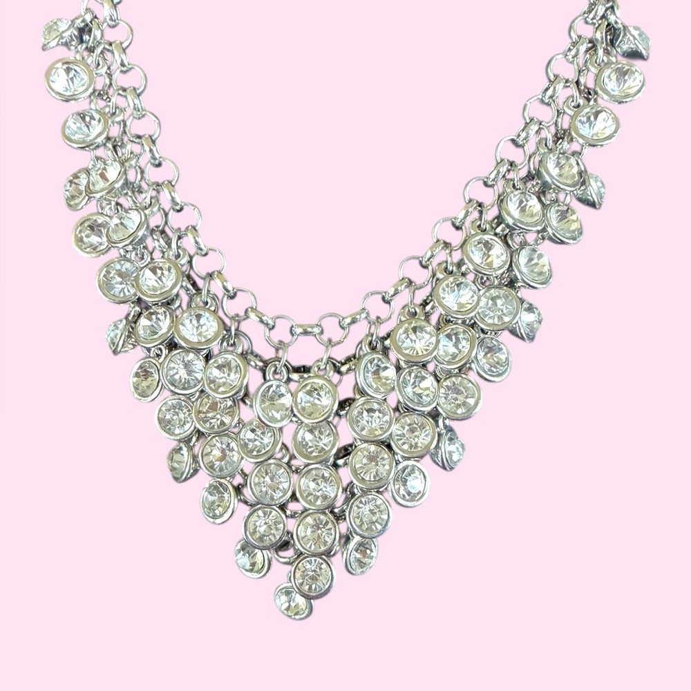 Silver Crystal Cascade Bib Statement Necklace -